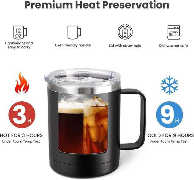 Alt view image 3 of 7 - MEWAY 12oz Coffee Mug With Handle and Sliding Lid,Stainless Steel Travel Tumbler Cup with Handle,Double Wall Vacuum Insulated Camping Cup for Hot & Cold Drinks Tea (Black,Set of 1