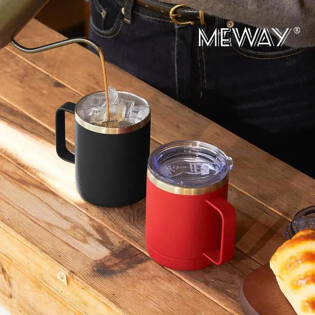 Alt view image 7 of 7 - MEWAY 12oz Coffee Mug With Handle and Sliding Lid,Stainless Steel Travel Tumbler Cup with Handle,Double Wall Vacuum Insulated Camping Cup for Hot & Cold Drinks Tea (Black,Set of 1