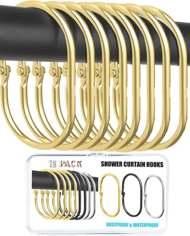 Main image of 12 Pack Gold Shower Curtain Hooks,Gold Shower Curtain Rings,Brushed Nickel Shower Curtain Hooks Rust Proof, Metal Rust Proof Anti-Drop Smooth Shower Hooks for Shower Curtain (gold-12pack)