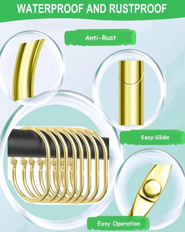 Alt view image 7 of 7 - 12 Pack Gold Shower Curtain Hooks,Gold Shower Curtain Rings,Brushed Nickel Shower Curtain Hooks Rust Proof, Metal Rust Proof Anti-Drop Smooth Shower Hooks for Shower Curtain (gold-12pack)