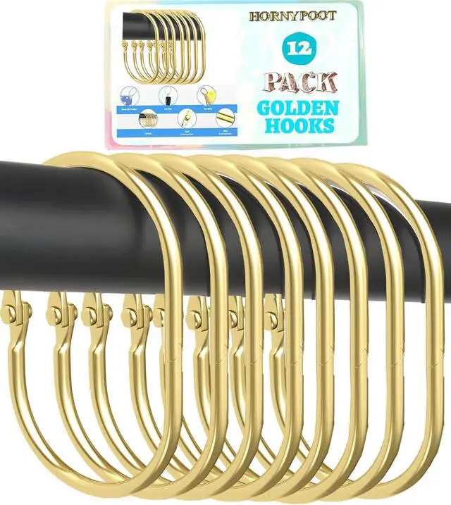 Alt view image 3 of 7 - 12 Pack Gold Shower Curtain Hooks,Gold Shower Curtain Rings,Brushed Nickel Shower Curtain Hooks Rust Proof, Metal Rust Proof Anti-Drop Smooth Shower Hooks for Shower Curtain (gold-12pack)