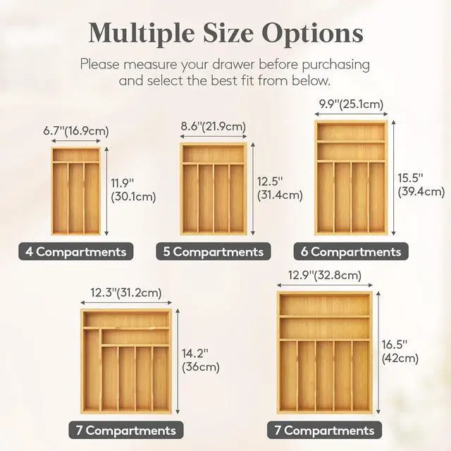 Alt view image 2 of 7 - Lifewit Bamboo Silverware Tray for Drawer, 6.7 x 12 | Utensil Organizer for Kitchen, Flatware and Cutlery Holder, Storage for Spoons Forks Knives, Natural