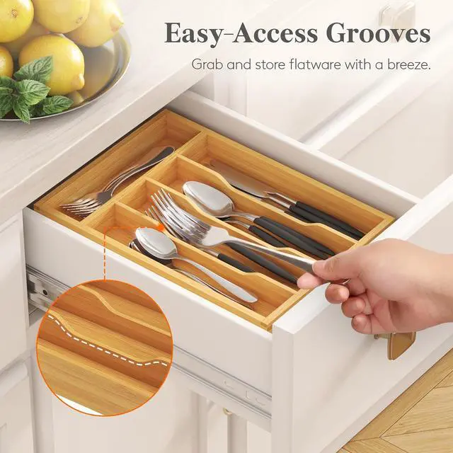 Alt view image 5 of 7 - Lifewit Bamboo Silverware Tray for Drawer, 6.7 x 12 | Utensil Organizer for Kitchen, Flatware and Cutlery Holder, Storage for Spoons Forks Knives, Natural