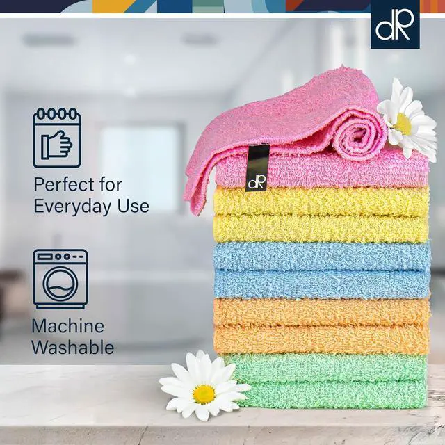 Alt view image 5 of 7 - DecorRack 100% Cotton Washcloths 12x12 in, Assorted Colors (10 Pack)