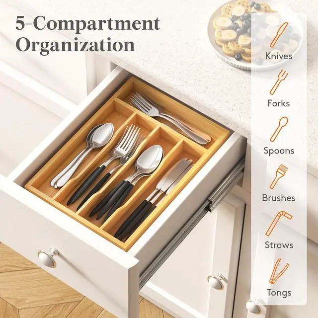 Alt view image 6 of 7 - Lifewit Bamboo Silverware Tray for Drawer, 6.7 x 12 | Utensil Organizer for Kitchen, Flatware and Cutlery Holder, Storage for Spoons Forks Knives, Natural