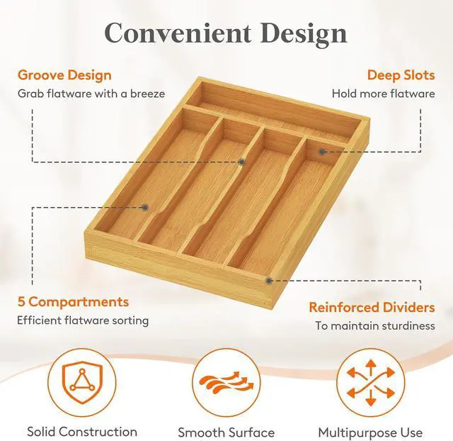 Alt view image 7 of 7 - Lifewit Bamboo Silverware Tray for Drawer, 6.7 x 12 | Utensil Organizer for Kitchen, Flatware and Cutlery Holder, Storage for Spoons Forks Knives, Natural