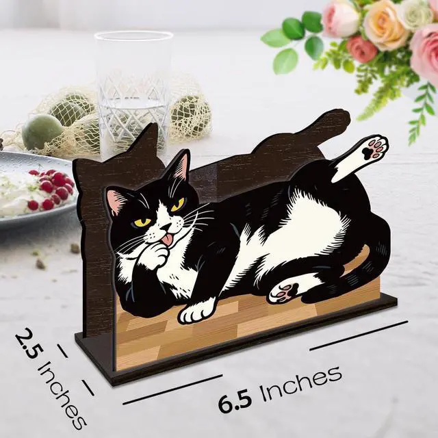 Alt view image 2 of 7 - Cat Wooden Napkin Holder, Cute Black White Kitten Pet Tissue Dispenser, Rustic Cat Decor for Table Kitchen Dining Room Party Home