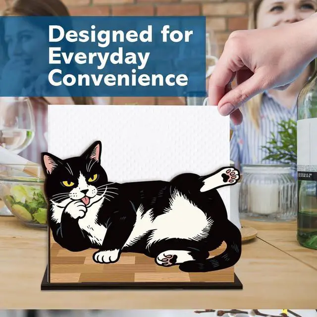 Alt view image 3 of 7 - Cat Wooden Napkin Holder, Cute Black White Kitten Pet Tissue Dispenser, Rustic Cat Decor for Table Kitchen Dining Room Party Home