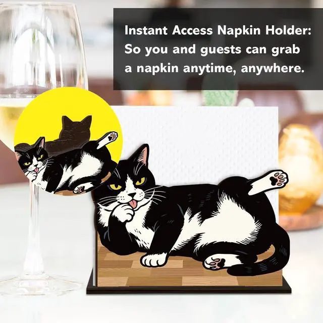 Alt view image 4 of 7 - Cat Wooden Napkin Holder, Cute Black White Kitten Pet Tissue Dispenser, Rustic Cat Decor for Table Kitchen Dining Room Party Home