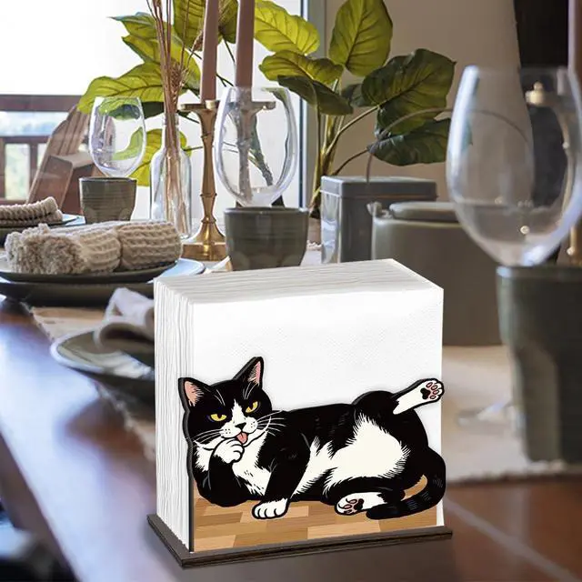 Alt view image 5 of 7 - Cat Wooden Napkin Holder, Cute Black White Kitten Pet Tissue Dispenser, Rustic Cat Decor for Table Kitchen Dining Room Party Home