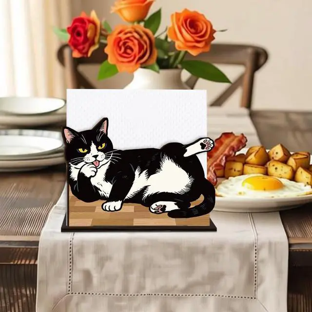 Alt view image 6 of 7 - Cat Wooden Napkin Holder, Cute Black White Kitten Pet Tissue Dispenser, Rustic Cat Decor for Table Kitchen Dining Room Party Home