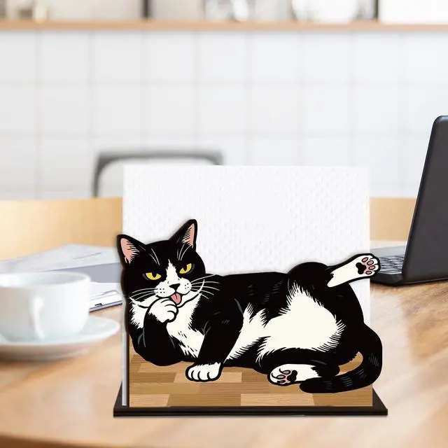 Alt view image 7 of 7 - Cat Wooden Napkin Holder, Cute Black White Kitten Pet Tissue Dispenser, Rustic Cat Decor for Table Kitchen Dining Room Party Home