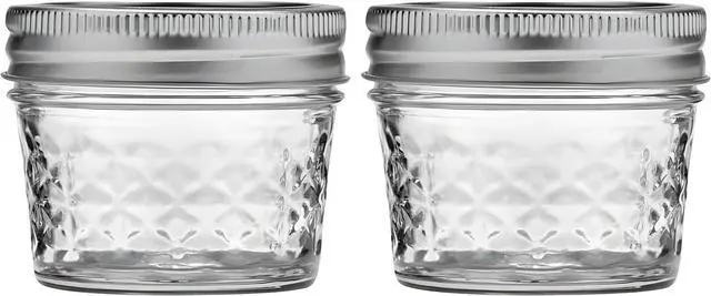 Main image of Bexter 4 oz Quilted Crystal Jelly Jars with Lids and Bands Pack of 2 Clear Glass Mason-Style Canning Jars