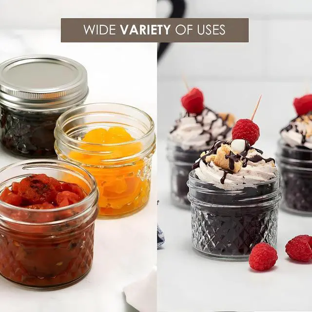 Alt view image 6 of 7 - Bexter 4 oz Quilted Crystal Jelly Jars with Lids and Bands Pack of 2 Clear Glass Mason-Style Canning Jars