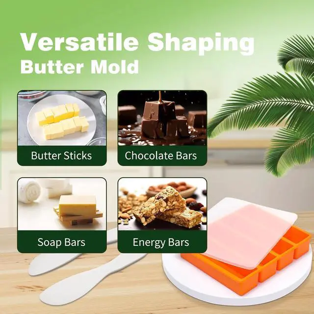 Alt view image 4 of 7 - Silicone Butter Molds with Lid, Non-Stick Homemade Butter Mold, Includes 2 Spatulas, Freshness Locked, Easy Release, Versatile Shaping for Baking and Freezing, Orange