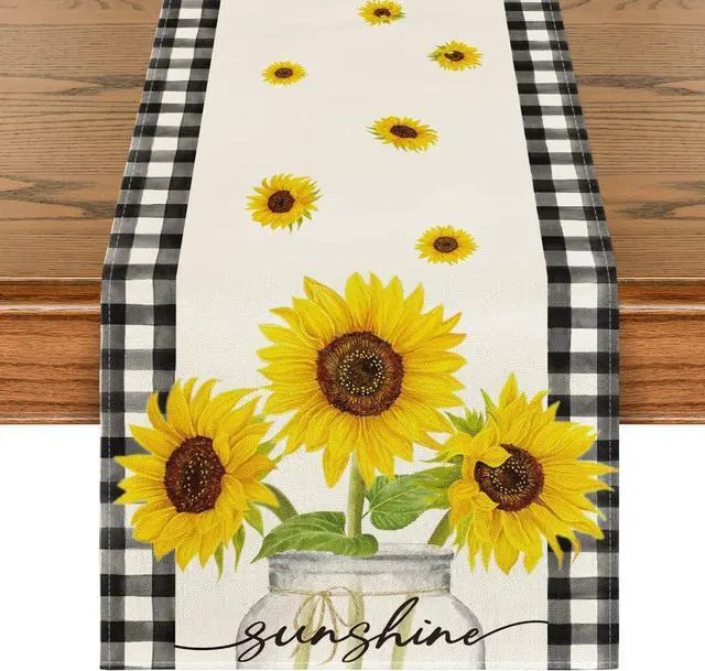 Main image of Artoid Mode Buffalo Plaid Sunflower Vase Sunshine Summer Table Runner, Spring Kitchen Dining Table Decoration for Home Party Decor 13x72 Inch