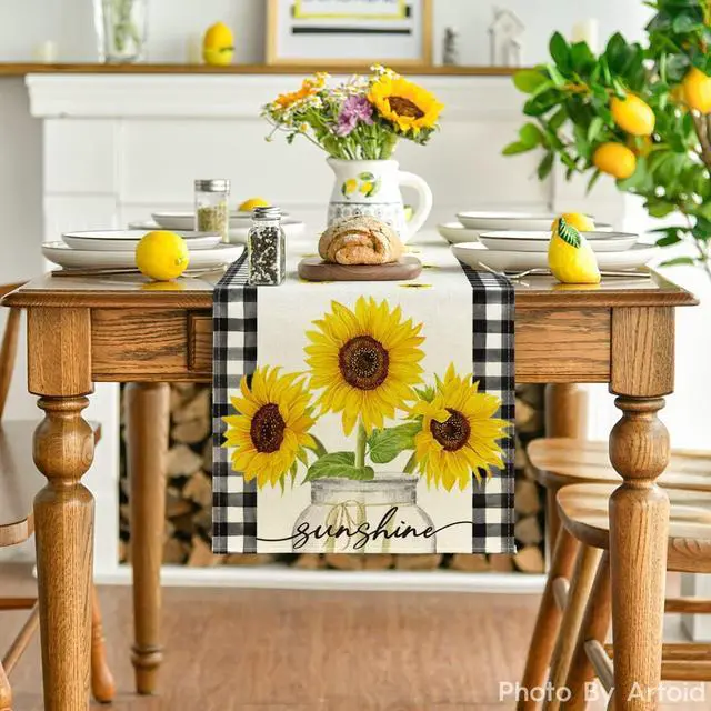 Alt view image 2 of 7 - Artoid Mode Buffalo Plaid Sunflower Vase Sunshine Summer Table Runner, Spring Kitchen Dining Table Decoration for Home Party Decor 13x72 Inch