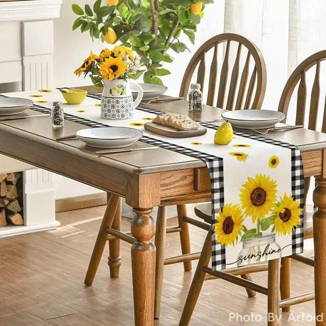 Alt view image 4 of 7 - Artoid Mode Buffalo Plaid Sunflower Vase Sunshine Summer Table Runner, Spring Kitchen Dining Table Decoration for Home Party Decor 13x72 Inch