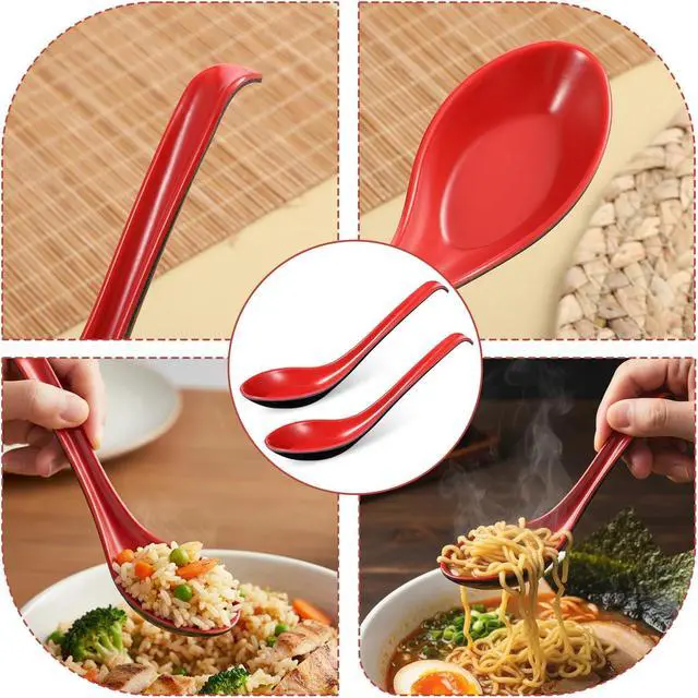 Alt view image 3 of 7 - Qianyu 6 Pc Asian Soup Spoon Chinese Ramen Spoon Soba Soup Spoon for Dinner | Red and Black, Long Handle Rice Spoon, with Notch Hook, Miso Ramen, Wonton Dumpling, Rice Noodle, Kitchen
