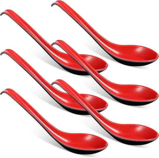Main image of Qianyu 6 Pc Asian Soup Spoon Chinese Ramen Spoon Soba Soup Spoon for Dinner | Red and Black, Long Handle Rice Spoon, with Notch Hook, Miso Ramen, Wonton Dumpling, Rice Noodle, Kitchen