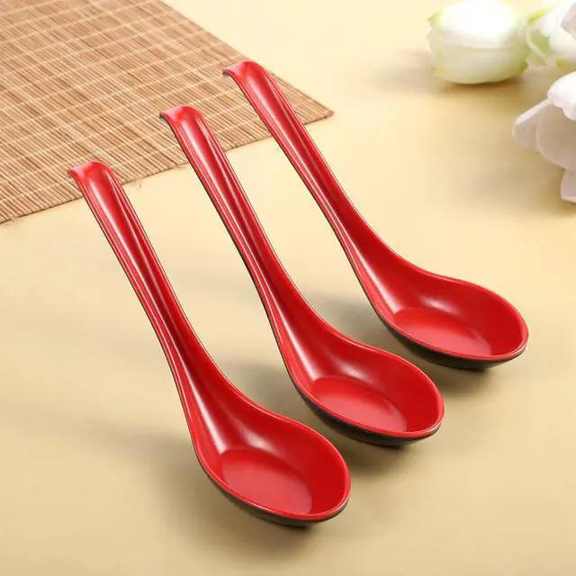 Alt view image 5 of 7 - Qianyu 6 Pc Asian Soup Spoon Chinese Ramen Spoon Soba Soup Spoon for Dinner | Red and Black, Long Handle Rice Spoon, with Notch Hook, Miso Ramen, Wonton Dumpling, Rice Noodle, Kitchen