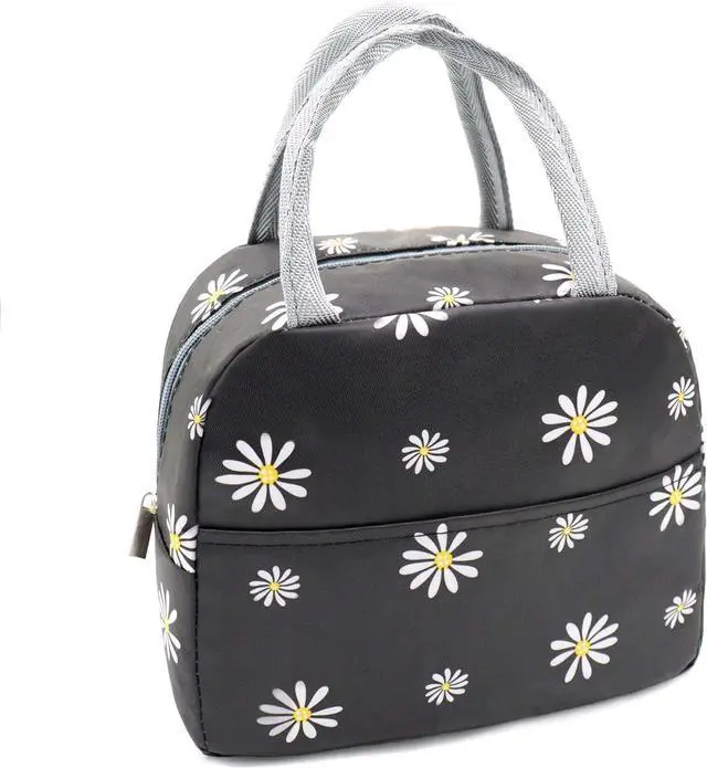 Main image of Sonuimy Insulated Lunch Bag Women, Reusable Cute Tote Lunch Box Black/White | for Adult & Men, Black with White Daisy, Leakproof Cooler Cute Lunch Box for Work, Picnic, Travel, School, Office, Adult