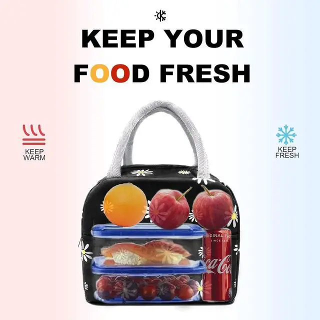 Alt view image 3 of 7 - Sonuimy Insulated Lunch Bag Women, Reusable Cute Tote Lunch Box Black/White | for Adult & Men, Black with White Daisy, Leakproof Cooler Cute Lunch Box for Work, Picnic, Travel, School, Office, Adult