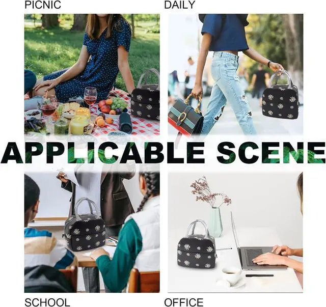 Alt view image 6 of 7 - Sonuimy Insulated Lunch Bag Women, Reusable Cute Tote Lunch Box Black/White | for Adult & Men, Black with White Daisy, Leakproof Cooler Cute Lunch Box for Work, Picnic, Travel, School, Office, Adult