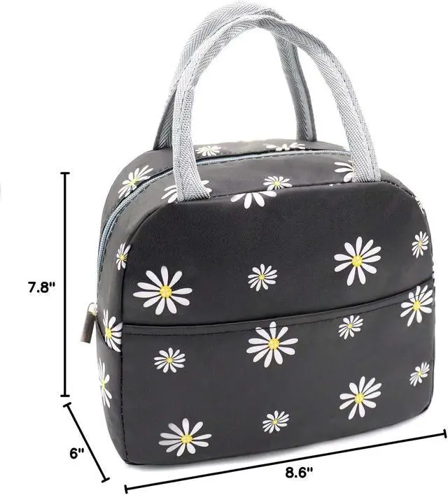 Alt view image 7 of 7 - Sonuimy Insulated Lunch Bag Women, Reusable Cute Tote Lunch Box Black/White | for Adult & Men, Black with White Daisy, Leakproof Cooler Cute Lunch Box for Work, Picnic, Travel, School, Office, Adult