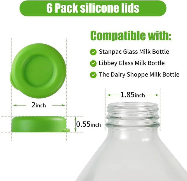 Alt view image 2 of 7 - Silicone Milk Bottle Caps,48mm Diameter Glass Jug Replacement Lids Fit Stanpac & Libbey & Stock Your Home & The Dairy Shoppe,Reusable and Airtight Bottle Caps(6 Pack) (Three colours)