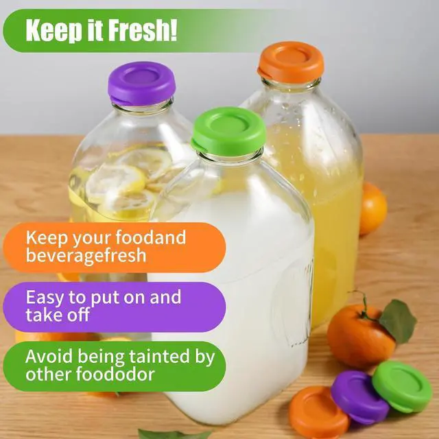 Alt view image 5 of 7 - Silicone Milk Bottle Caps,48mm Diameter Glass Jug Replacement Lids Fit Stanpac & Libbey & Stock Your Home & The Dairy Shoppe,Reusable and Airtight Bottle Caps(6 Pack) (Three colours)