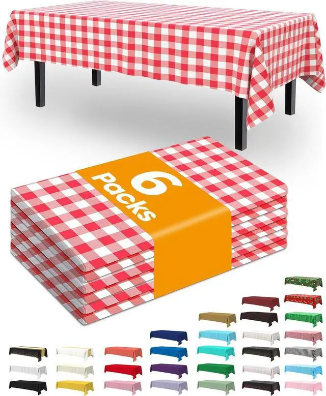 Main image of Pureegg Plastic Table Cloth Disposable 6 Pack, 54 x 108 Inch, Red Plaid | Party Supplies, Picnic, Gingham Theme, Waterproof, Red Plaid, Tablecloth
