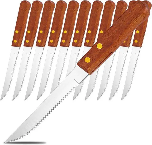 Main image of Kyraton Steak Knives Set of 12, Wood Handle Stainless Steel Steak Knife Set, Serrated Steak Knives, Gifts for Home, Restaurant, Parties, Wedding, Camping