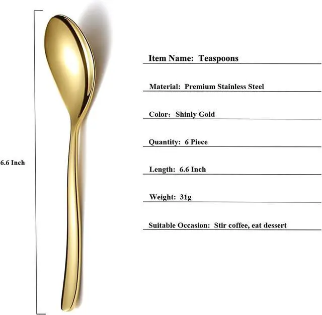 Alt view image 2 of 7 - Gold Teaspoons, 6 Piece Silverware, Stainless Steel Small Spoons for Home, Kitchen or Restaurant, Dishwasher Safe (6.6 Inches)