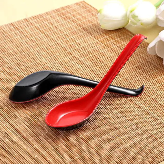 Alt view image 7 of 7 - Qianyu 6 Pc Asian Soup Spoon Chinese Ramen Spoon Soba Soup Spoon for Dinner | Red and Black, Long Handle Rice Spoon, with Notch Hook, Miso Ramen, Wonton Dumpling, Rice Noodle, Kitchen