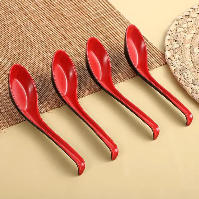 Alt view image 6 of 7 - Qianyu 6 Pc Asian Soup Spoon Chinese Ramen Spoon Soba Soup Spoon for Dinner | Red and Black, Long Handle Rice Spoon, with Notch Hook, Miso Ramen, Wonton Dumpling, Rice Noodle, Kitchen