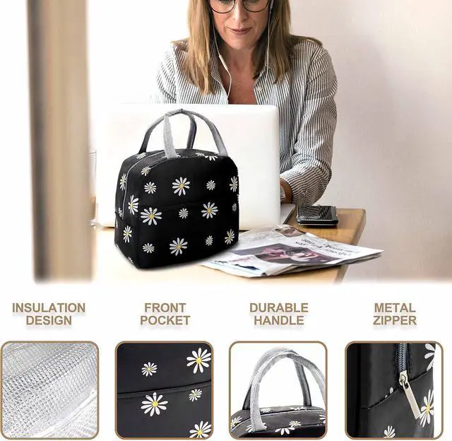 Alt view image 4 of 7 - Sonuimy Insulated Lunch Bag Women, Reusable Cute Tote Lunch Box Black/White | for Adult & Men, Black with White Daisy, Leakproof Cooler Cute Lunch Box for Work, Picnic, Travel, School, Office, Adult