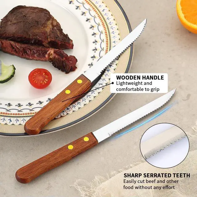 Alt view image 7 of 7 - Kyraton Steak Knives Set of 12, Wood Handle Stainless Steel Steak Knife Set, Serrated Steak Knives, Gifts for Home, Restaurant, Parties, Wedding, Camping