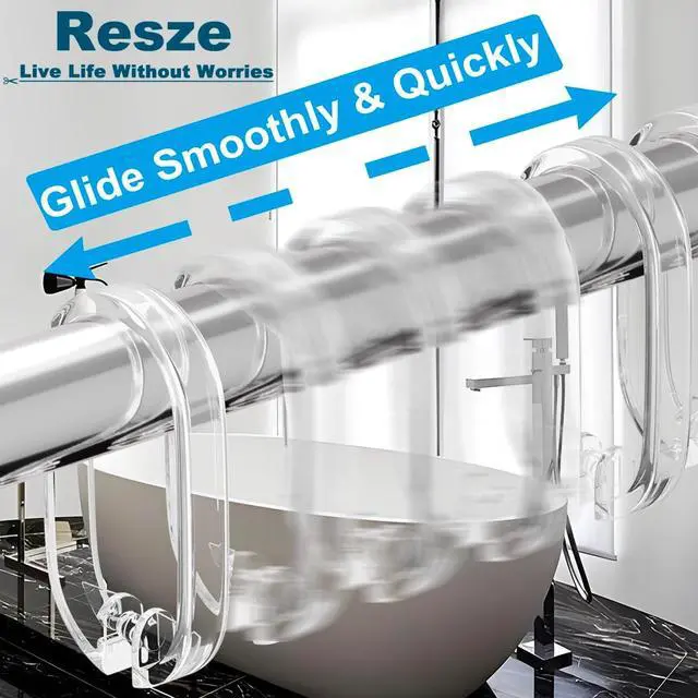 Alt view image 5 of 7 - Resze 24 PCS Clear Shower Curtain Hooks with Fixed Locking Clips | Oval Anti-Slip Bath Rings,Durable Plastic Resin,Invisible Design,Rust Resistant Decorative Hooks for Bathroom,Kitchen,Bedroom
