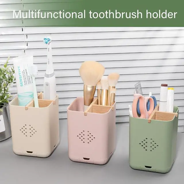 Alt view image 7 of 7 - Toothbrush Holders for Bathrooms, Electric Toothbrush Holder, Green | Toothbrush and Toothpaste Organizer for Bathroom Countertop, 3 Slot Vanity Storage