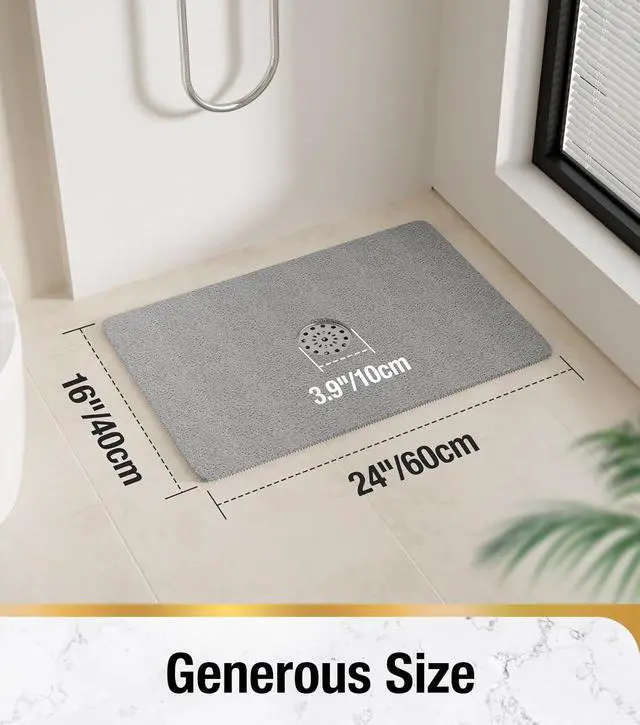 Alt view image 2 of 7 - HITSLAM Shower Mat with Center Drain Hole, 24 x 16 Inch Non Slip Bath Mat for Textured Tub, Soft Loofah-Style Bathtub Mat Without Suction Cup, Quick Drying Stall Floor Mat, Bathroom Accessories, Grey