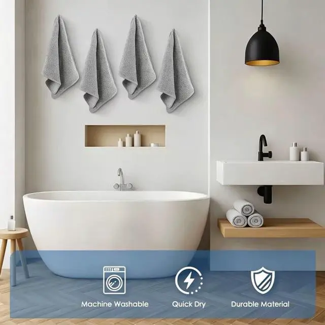 Alt view image 6 of 6 - 4 Pack Quick to Dry Hand Towels Microfiber 14 x 30 Inches | Highly Absorbent Towels Perfect for Bathroom & Kitchen Shower, Spa, Hand Towel (Gray)
