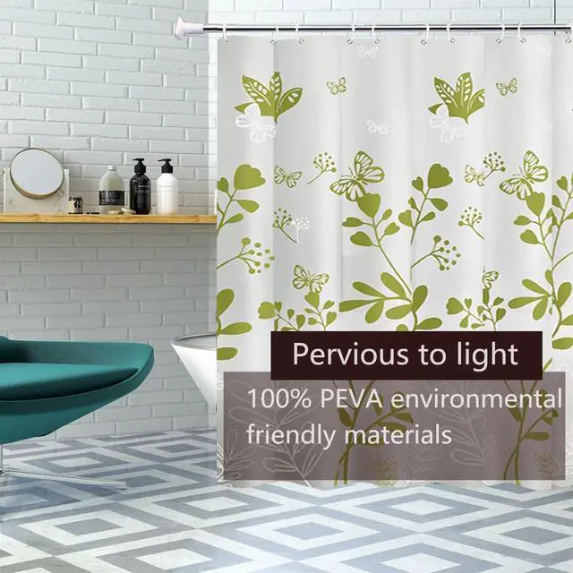 Alt view image 2 of 5 - TIKABC Shower Curtain Liner, 4G PEVA Green Butterfly Shower Liner, Plastic Waterproof Shower Curtains, 72x72 inch with Grommet Holes 3 Magnetic Weights