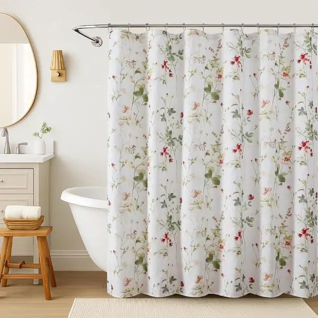 Alt view image 7 of 7 - OVZME Floral Printed Shower Curtain 72 Inch Length, Farmhouse Soft Fabric Watercolor Leaf Floral Waterproof Shower Curtain for Bath Bathtub, Chic Boho Rustic Bathroom Decoration, 72Wx72L Inches