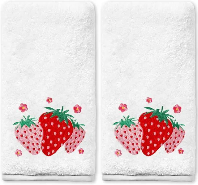 Main image of Strawberry Hand Towels for Bathroom Set of 2, Strawberry Bathroom Decor, Spring Pink Cotton Soft Embroidered Towels for Kitchen Bath 14x30 Inches, Summer Decorations Hand Towels Gifts