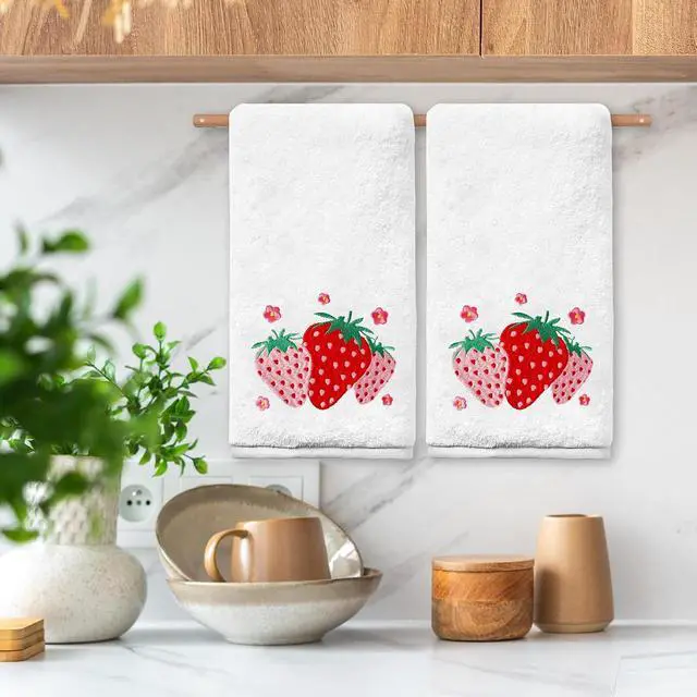Alt view image 3 of 7 - Strawberry Hand Towels for Bathroom Set of 2, Strawberry Bathroom Decor, Spring Pink Cotton Soft Embroidered Towels for Kitchen Bath 14x30 Inches, Summer Decorations Hand Towels Gifts