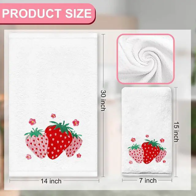 Alt view image 2 of 7 - Strawberry Hand Towels for Bathroom Set of 2, Strawberry Bathroom Decor, Spring Pink Cotton Soft Embroidered Towels for Kitchen Bath 14x30 Inches, Summer Decorations Hand Towels Gifts