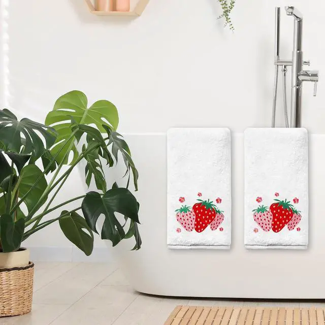 Alt view image 5 of 7 - Strawberry Hand Towels for Bathroom Set of 2, Strawberry Bathroom Decor, Spring Pink Cotton Soft Embroidered Towels for Kitchen Bath 14x30 Inches, Summer Decorations Hand Towels Gifts