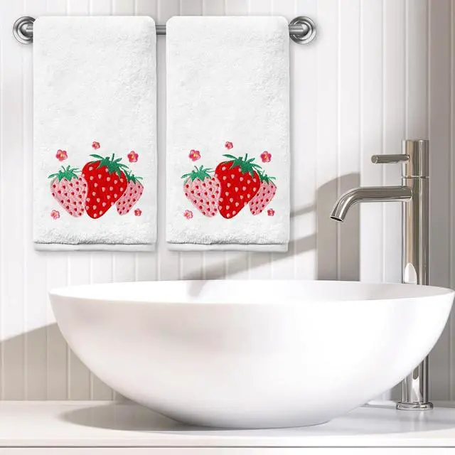 Alt view image 4 of 7 - Strawberry Hand Towels for Bathroom Set of 2, Strawberry Bathroom Decor, Spring Pink Cotton Soft Embroidered Towels for Kitchen Bath 14x30 Inches, Summer Decorations Hand Towels Gifts