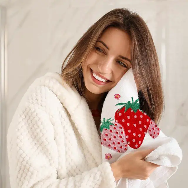 Alt view image 6 of 7 - Strawberry Hand Towels for Bathroom Set of 2, Strawberry Bathroom Decor, Spring Pink Cotton Soft Embroidered Towels for Kitchen Bath 14x30 Inches, Summer Decorations Hand Towels Gifts